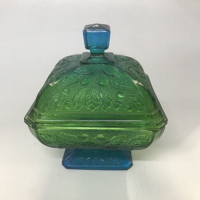 ART GLASS (DECO DISH w LID), Green Aqua Blue